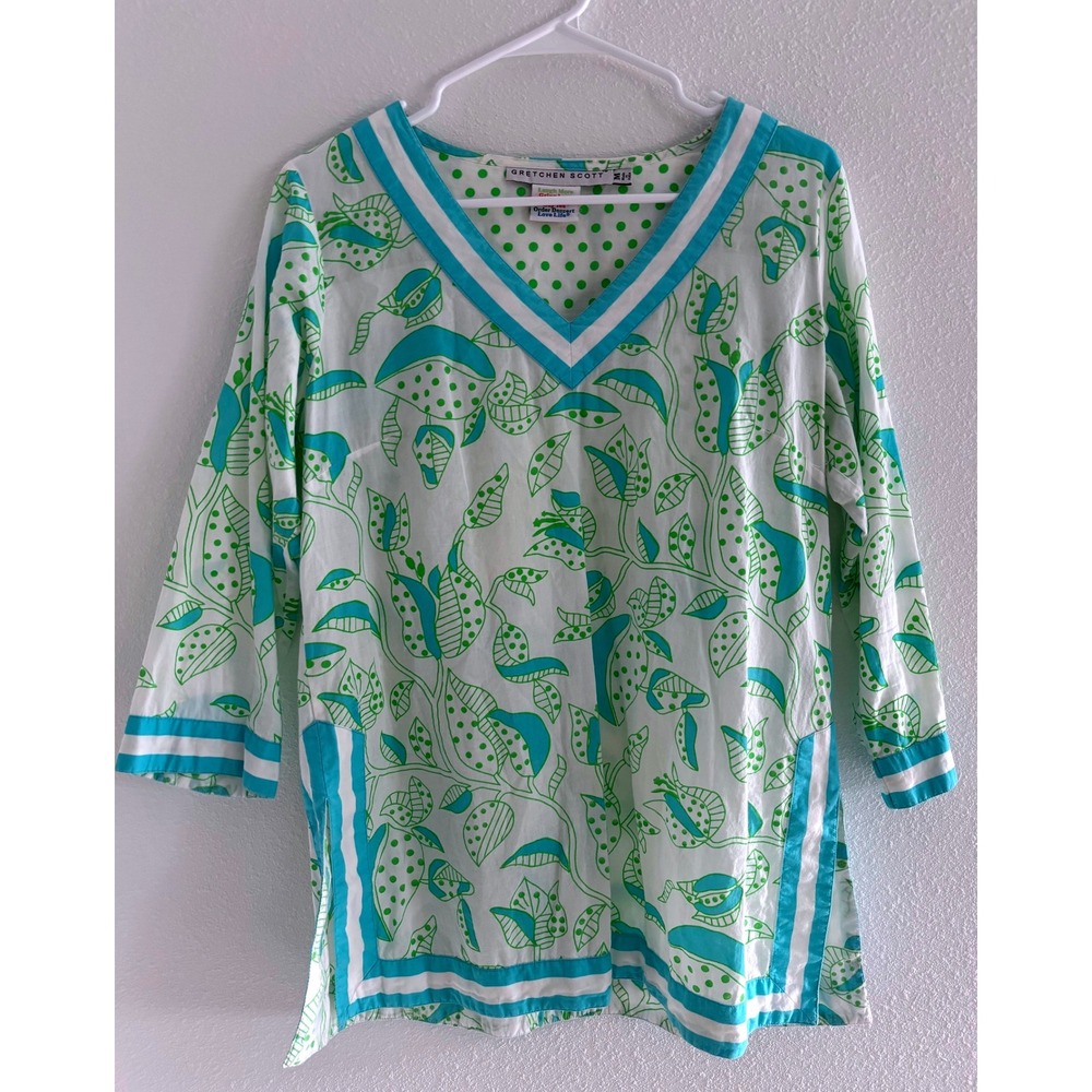 Gretchen Scott Top Womens Medium Blue Green Leaves V-Neck Cotton Luxury Resort
